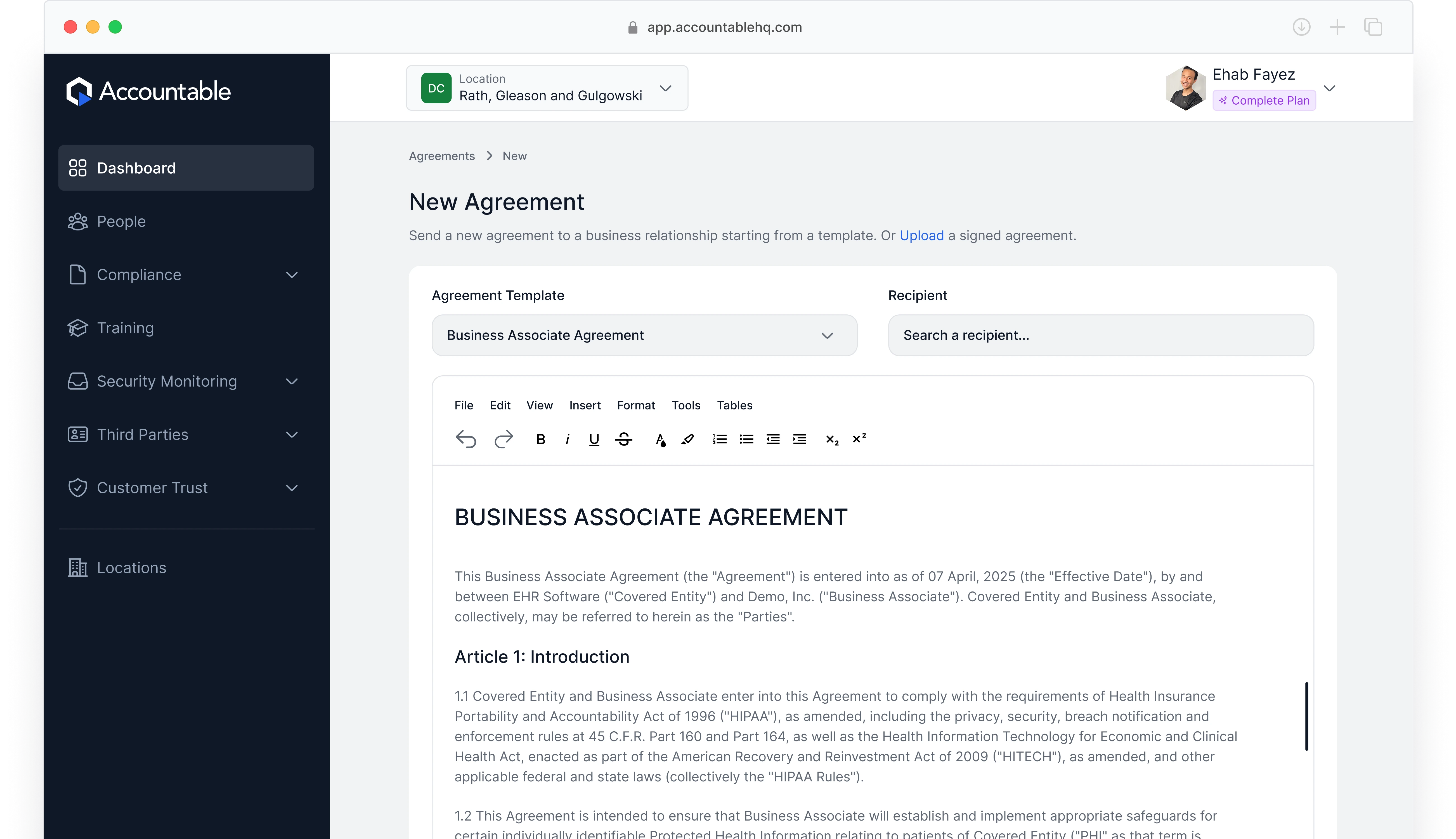 Business Associate Agreement Management System